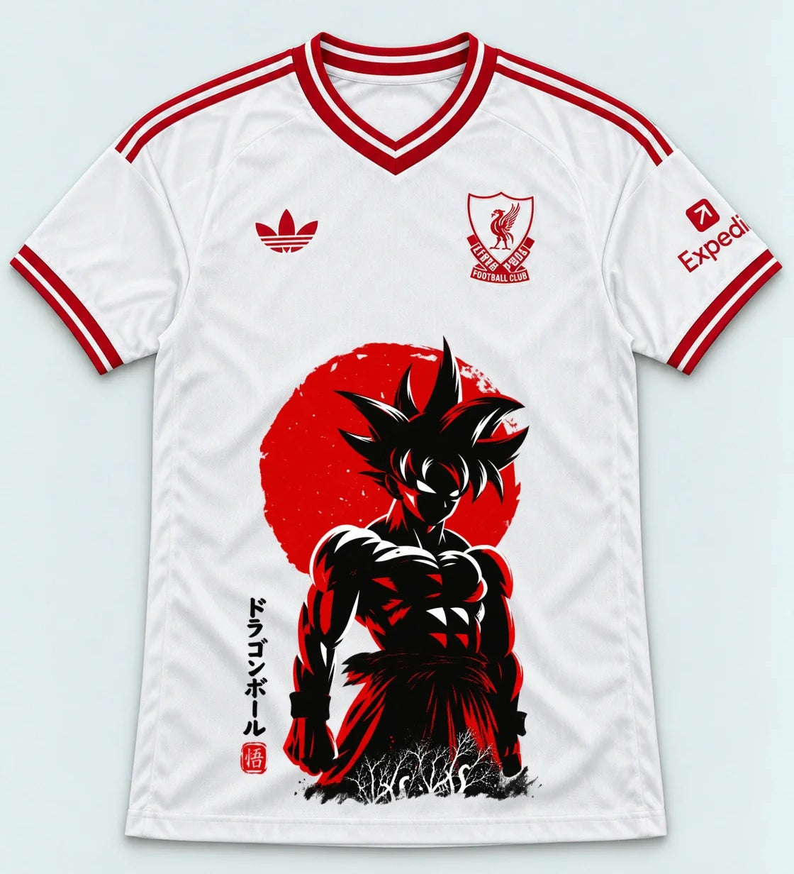 Liverpool White Goku Rising Sun Dragon Ball Jersey — Front